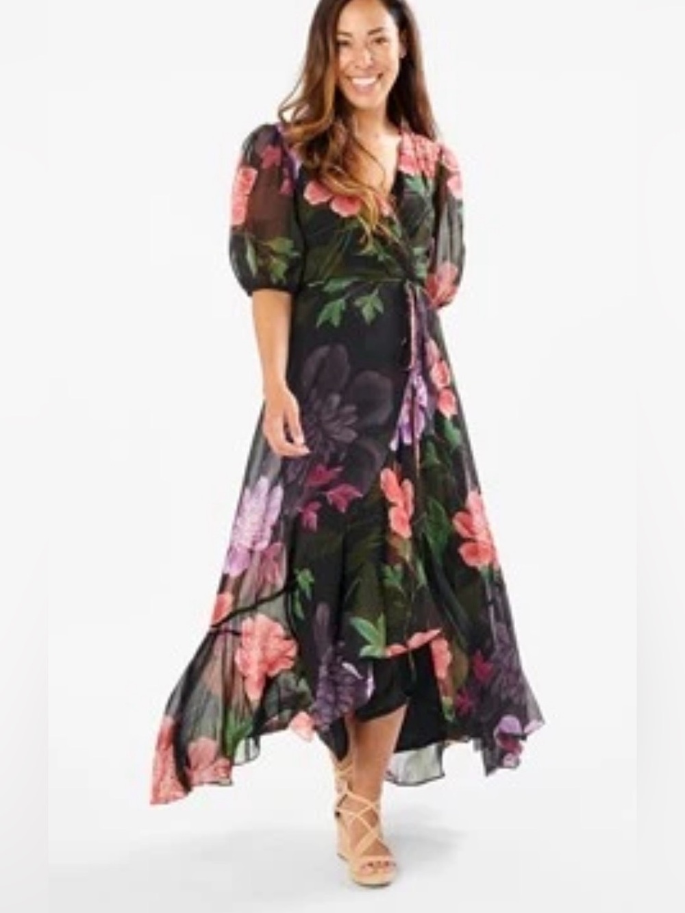 Chiffon Black Floral High-Low Maxi Dress with Puff Sleeves